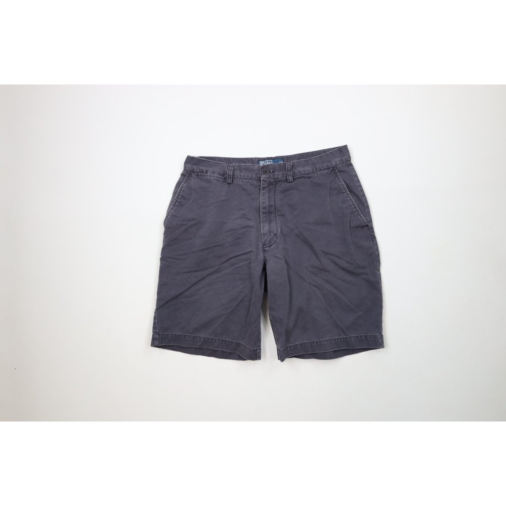 Vintage 90s Ralph Lauren Mens 32 Faded Spell Out Above Knee Chino Shorts Blue